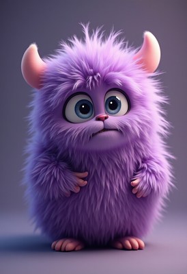 Cute purple monster with fluffy fur and big eyes