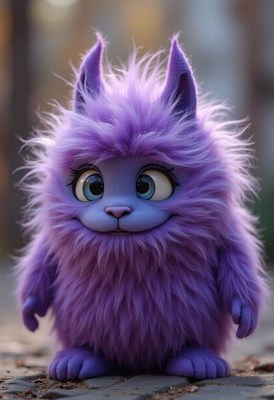 Purple fluffy creature with big eyes in a natural setting