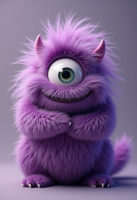 Purple furry monster with one eye and cheerful expression