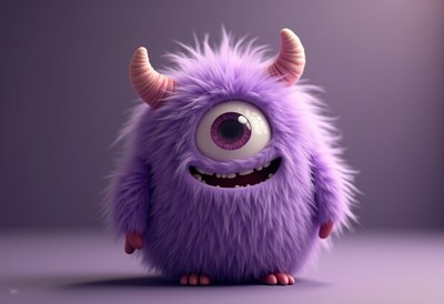 Purple fluffy monster with one eye smiling happily