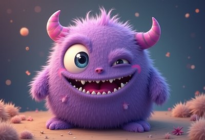 Purple fluffy monster with big eyes and cheerful expression
