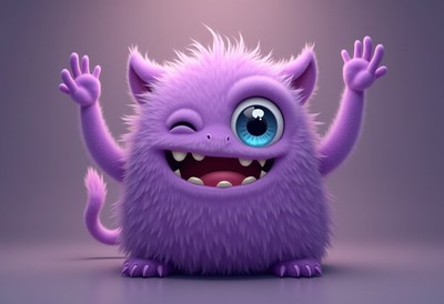 Cheerful purple monster showing joy with a wink