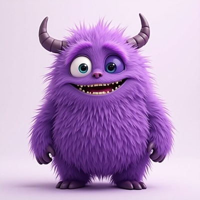 Purple fluffy monster with quirky expression standing still