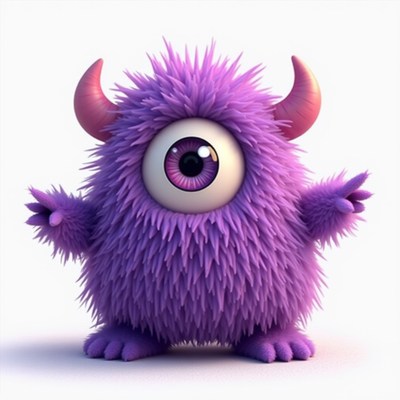 Purple fluffy monster character with a single eye and horns