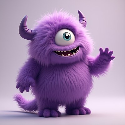 Purple fluffy monster waving cheerfully indoors
