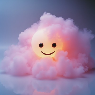 Smiling sun surrounded by fluffy pink clouds