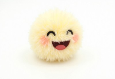 Fluffy yellow smiley ball with happy expression