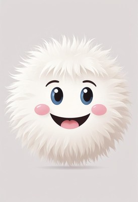 Fluffy white creature with big eyes and smiling face