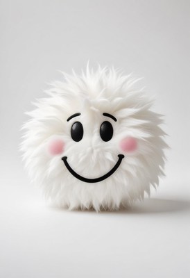 Soft, fluffy toy with a smiling face on a light background