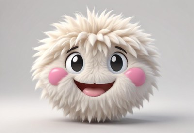 Fuzzy character with a cheerful expression and big eyes
