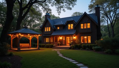 Charming home with gazebo surrounded by trees at dusk