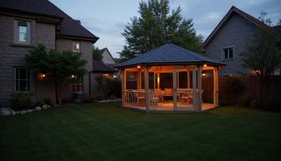 Cozy garden gazebo illuminated at dusk in a residential area