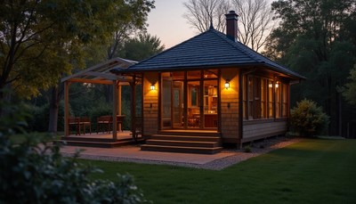 Scenic evening view of a cozy wooden cabin