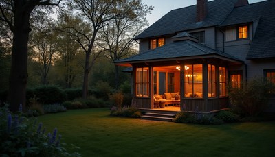 Cozy porch illuminates garden at dusk in tranquil setting
