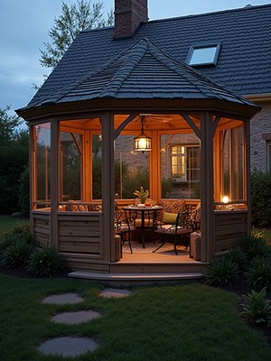 Cozy evening in a wooden gazebo with warm lighting