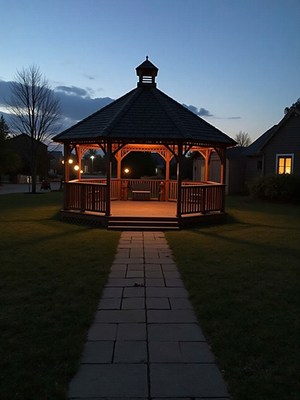 Evening gathering at a lit gazebo in a quiet neighborhood