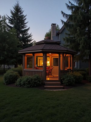 Cozy gazebo illuminated at dusk in a quiet backyard