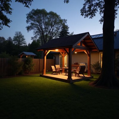 Cozy backyard gazebo illuminated at dusk