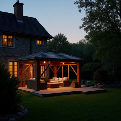Cozy outdoor evening gathering at a wooden patio