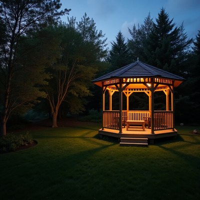 Elegant gazebo illuminated in evening garden setting
