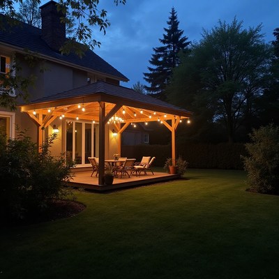 Cozy backyard patio lit up for evening gatherings