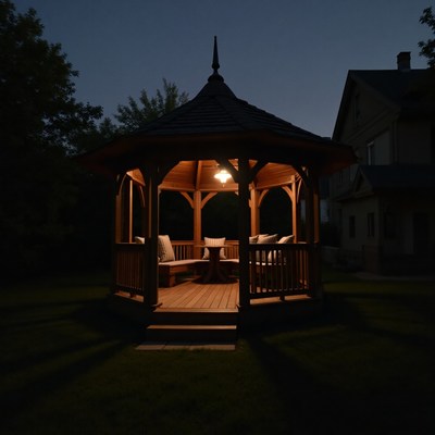 Cozy gazebo illuminated at night in a serene garden setting