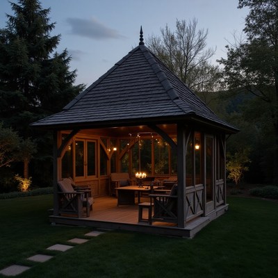 Relaxing evening in a wooden gazebo at dusk
