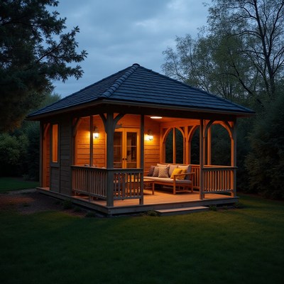 Cozy wooden gazebo illuminated at dusk in a peaceful garden