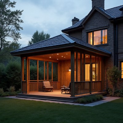 Cozy evening on a wooden porch at dusk with lights