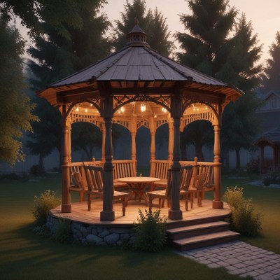 Evening view of a wooden gazebo in a serene garden