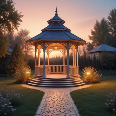 Serene gazebo at dusk surrounded by nature's beauty