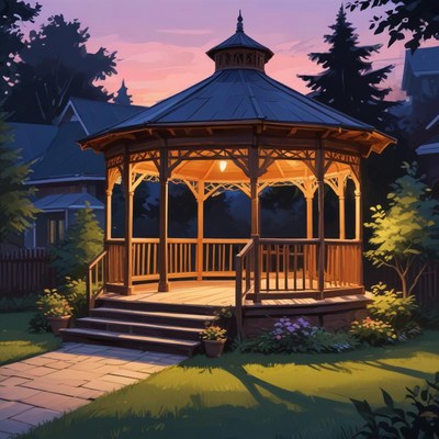 Wooden gazebo illuminated at sunset in a garden
