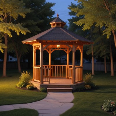 Wooden gazebo illuminated at night in a serene garden