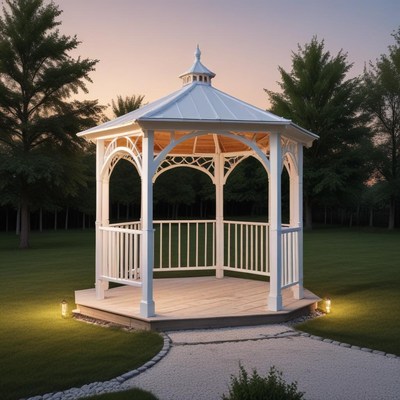 Elegant gazebo illuminated at twilight in a serene garden