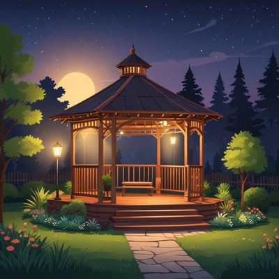 Wooden gazebo under a bright moonlit sky at night