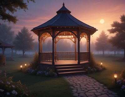 Sunset view of a gazebo in a peaceful park