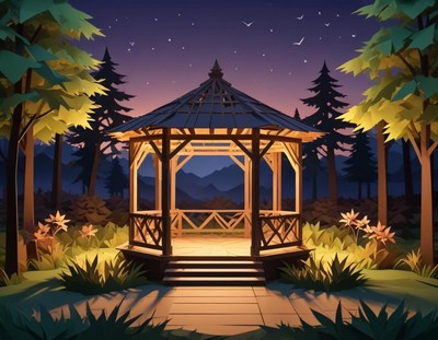 Wooden gazebo illuminated at night in a serene forest