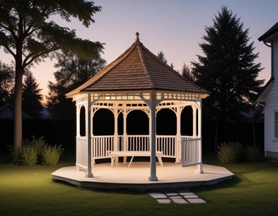 Beautifully lit gazebo in a garden at dusk
