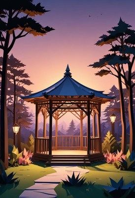 Beautiful gazebo in tranquil forest at sunset