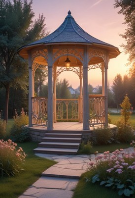 Beautiful wooden gazebo surrounded by blooming flowers