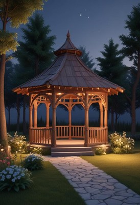Charming gazebo illuminated at night in a serene garden