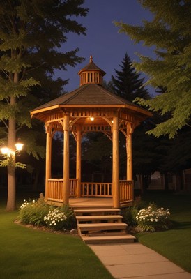 Beautiful wooden gazebo illuminated at night in a garden