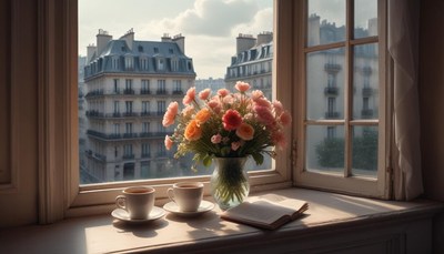 Morning coffee and flowers by the parisian window