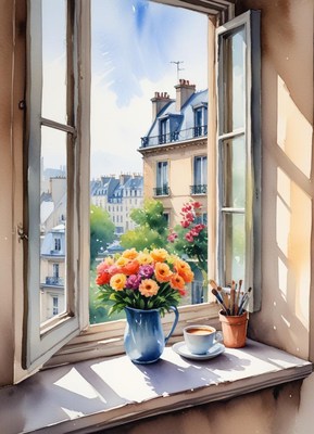 Flowers and coffee at a parisian window in the morning