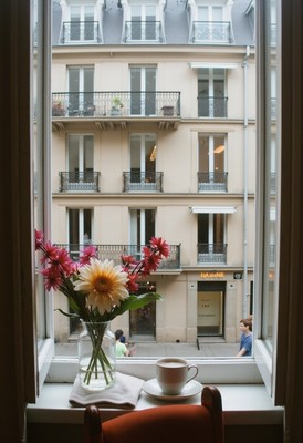 Flowers and coffee by the window in a bustling city