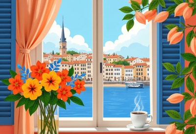Beautiful coastal view with flowers and coffee in morning