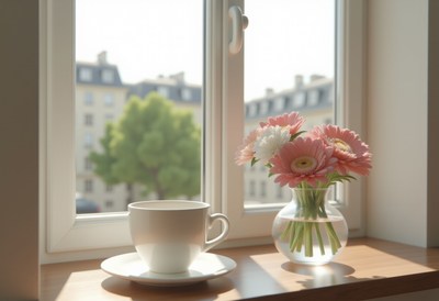 Morning coffee and flowers by a sunny window