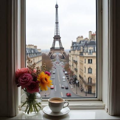 Relaxing morning view from parisian window with eiffel tower