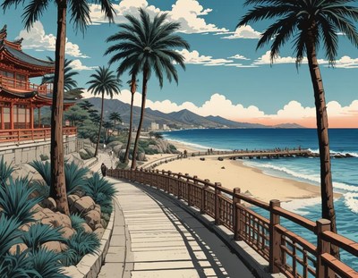 Palm-lined coastal path with traditional architecture