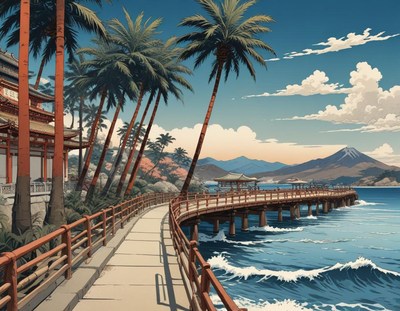 Scenic coastal pathway with mountains and palm trees